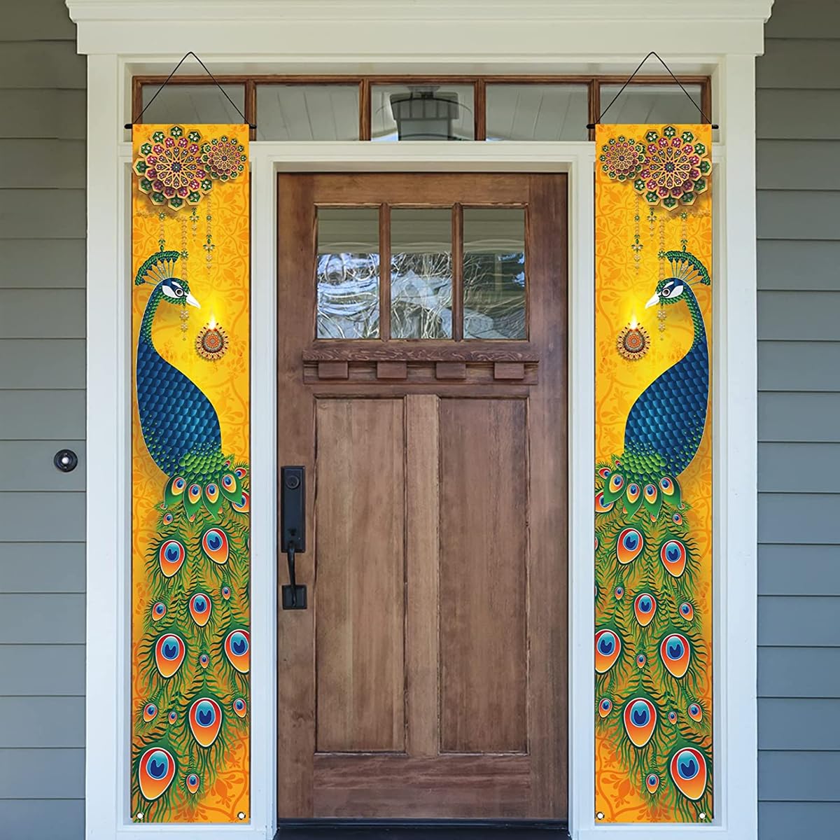 HASTHIP 1 Pair Happy Diwali Hanging Banner Porch Sign Decorations, Deepavali Indian Festival of Lights Peacock Indian Holiday Party Front Door Wall Hanging Banner Decoration, 12×71'' HASTHIP 1 Pair Happy Diwali Hanging Banner Porch Sign Decorations, Deepavali Indian Festival of Lights Peacock Indian Holiday Party Front Door Wall Hanging Banner Decoration, 12×71''